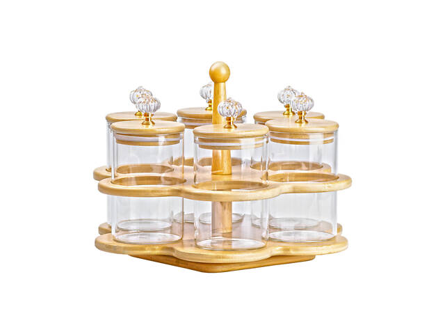 Банки для сыпучих продуктов набор из 6 штук по 580 мл на деревянной подставке HP16292 - Фото 2