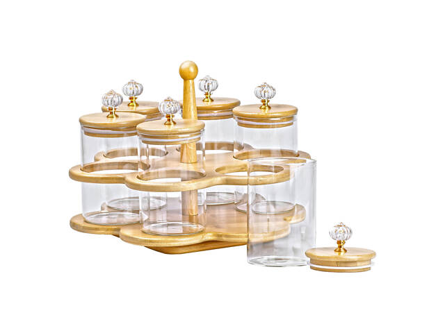 Банки для сыпучих продуктов набор из 6 штук по 580 мл на деревянной подставке HP16292 - Фото 3