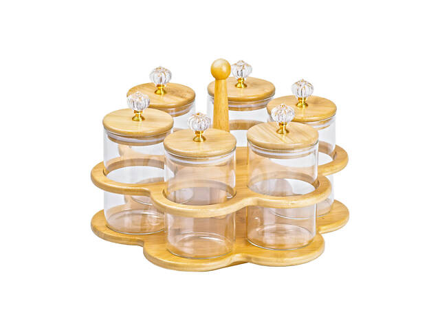 Банки для сыпучих продуктов набор из 6 штук по 580 мл на деревянной подставке HP16292 - Фото 4