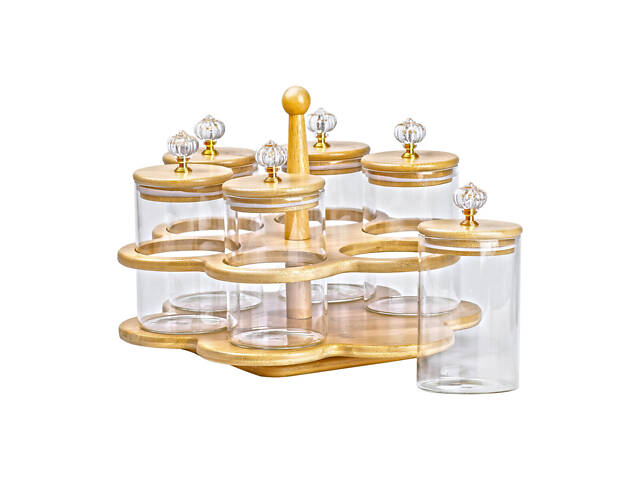 Банки для сыпучих продуктов набор из 6 штук по 580 мл на деревянной подставке HP16292 - Фото 5