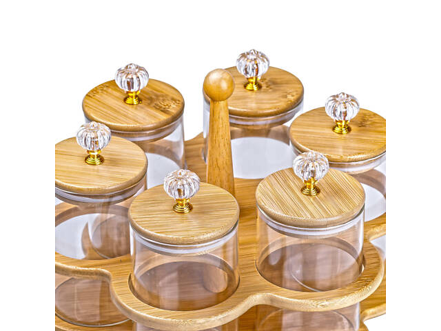 Банки для сыпучих продуктов набор из 6 штук по 580 мл на деревянной подставке HP16292 - Фото 7