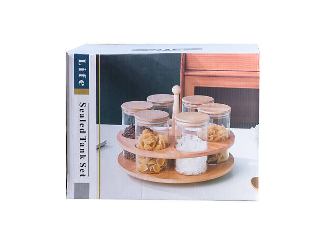 Банки для сыпучих продуктов набор из 6 штук по 580 мл на деревянной подставке HP16292 - Фото 9