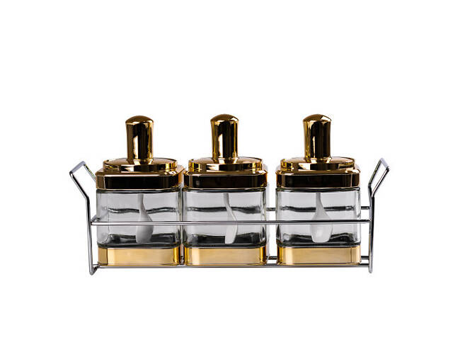 Банки для сыпучих продуктов набор из 3 шт стеклянные емкости для хранения с ложкой на металической подставке - Фото 1