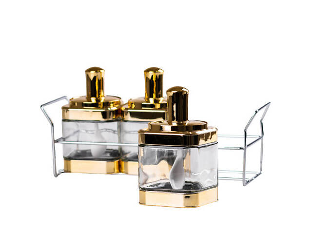 Банки для сыпучих продуктов набор из 3 шт стеклянные емкости для хранения с ложкой на металической подставке - Фото 3