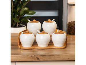 Баночки для соусов и специй 250 мл керамические с крышками и ложками на деревянной подставке набор 5 шт