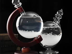 Барометр Штормгласс RESTEQ глобус большой, капля Storm glass на темной деревянной подставке