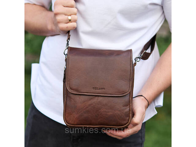 Барсетка з клапаном через плече 24х20х6, чоловіча сумка з гладкою шкірою Tiding Bag TD-81020 коричнева - Фото 3