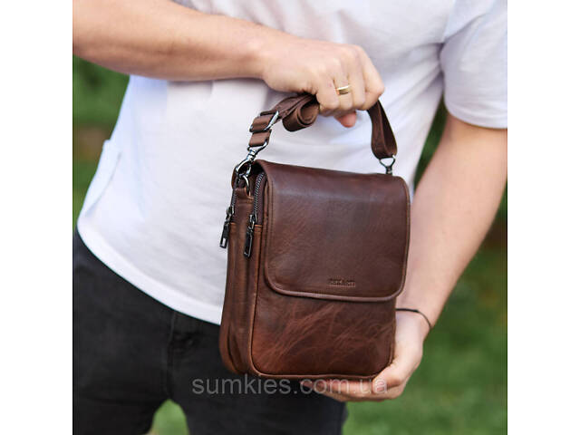 Барсетка з клапаном через плече 24х20х6, чоловіча сумка з гладкою шкірою Tiding Bag TD-81020 коричнева - Фото 4