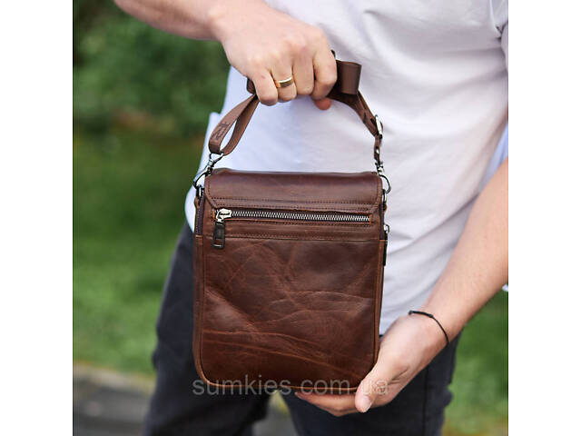 Барсетка з клапаном через плече 24х20х6, чоловіча сумка з гладкою шкірою Tiding Bag TD-81020 коричнева - Фото 6