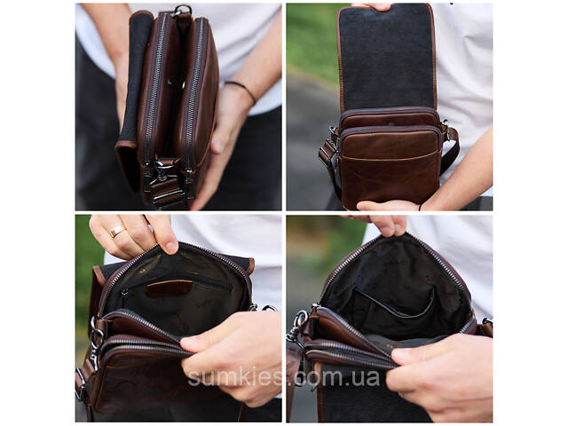 Барсетка з клапаном через плече 24х20х6, чоловіча сумка з гладкою шкірою Tiding Bag TD-81020 коричнева - Фото 7
