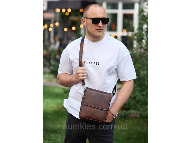 Барсетка з клапаном через плече 24х20х6, чоловіча сумка з гладкою шкірою Tiding Bag TD-81020 коричнева - Фото 8