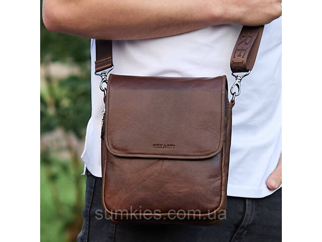 Барсетка з клапаном через плече 24х20х6, чоловіча сумка з гладкою шкірою Tiding Bag TD-81020 коричнева - Фото 1