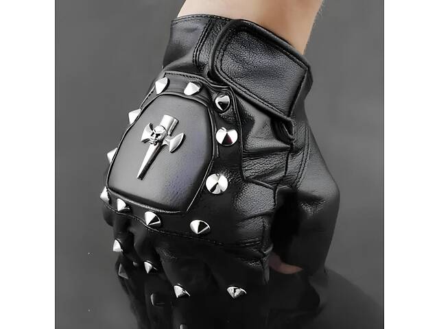 Шкіряні байкерські рукавички без пальців RESTEQ з заклепками — рукавички для мотоцикла, тренувань і стилю - Фото 1