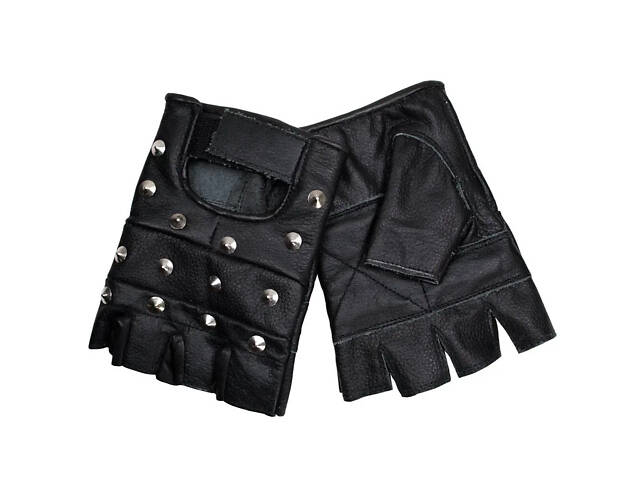 Байкерські шкіряні рукавички без пальців з натуральної шкіри, чорні, з липучкою, для мотоцикла та авто - Фото 1