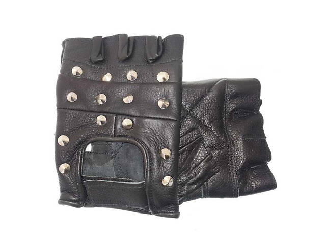 Байкерські шкіряні рукавички без пальців з натуральної шкіри, чорні, з липучкою, для мотоцикла та авто - Фото 5