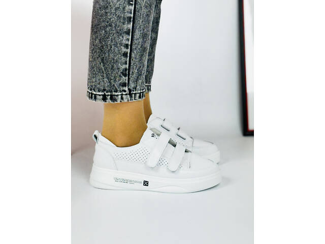 Білі шкіряні кеди на ліпучках, білі кросівки, кожаные кеди Mary 38,40,41р код 16939 - Фото 2