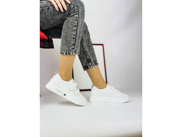 Білі шкіряні кеди на ліпучках, білі кросівки, кожаные кеди Mary 38,40,41р код 16939 - Фото 5