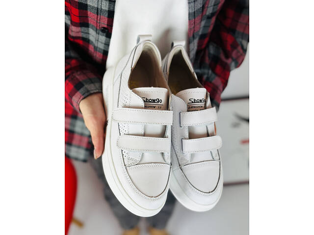 Білі шкіряні кеди на ліпучках, білі кросівки, кожаные кеди Mary 38,40,41р код 16939 - Фото 3