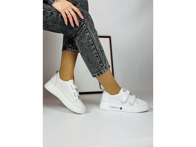 Білі шкіряні кеди на ліпучках, білі кросівки, кожаные кеди Mary 38,40,41р код 16939 - Фото 6