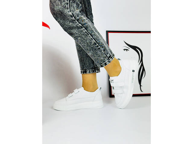 Білі шкіряні кеди на ліпучках, білі кросівки, кожаные кеди Mary 38,40,41р код 16939 - Фото 4