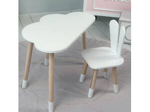 Білий набір меблів стіл та стілець, дитячий столик хмарка 46х70х40 і стільчик зайчик 26.5х26х25 для гри, малювання, навчання