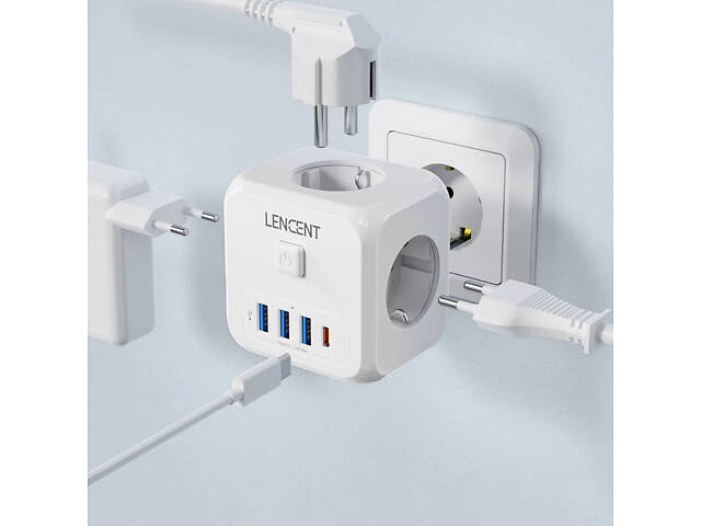 Безопасный тройник LENCENT на 3 розетки, 3 USB-A, 1 USB-C, кнопка отключения