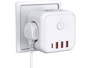 Безопасный тройник 3 гнезда, 220V, 3 USB-A / 1 Type-C, c заземлением, защитные шторки