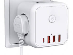 Безопасный тройник 3 гнезда, 220V, 3 USB-A / 1 Type-C, c заземлением, защитные шторки