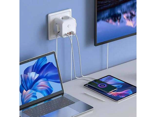 Безопасный тройник 3 гнезда, 220V, 3 USB-A / 1 Type-C, c заземлением, защитные шторки - Фото 2