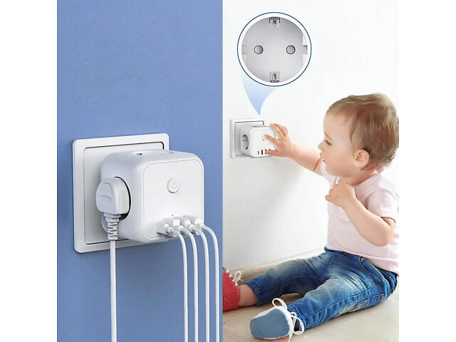 Безопасный тройник 3 гнезда, 220V, 3 USB-A / 1 Type-C, c заземлением, защитные шторки - Фото 5