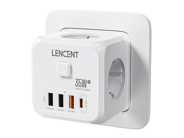 Безопасный тройник LENCENT на 3 розетки с быстрой зарядкой 35W, 4 USB, кнопка отключения - Фото 1
