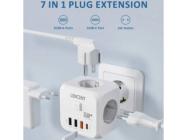 Безопасный тройник LENCENT на 3 розетки с быстрой зарядкой 35W, 4 USB, кнопка отключения - Фото 2