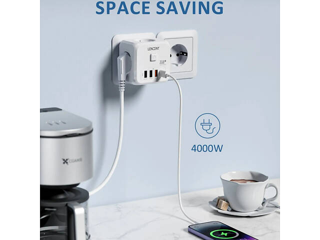 Безопасный тройник LENCENT на 3 розетки с быстрой зарядкой 35W, 4 USB, кнопка отключения - Фото 3