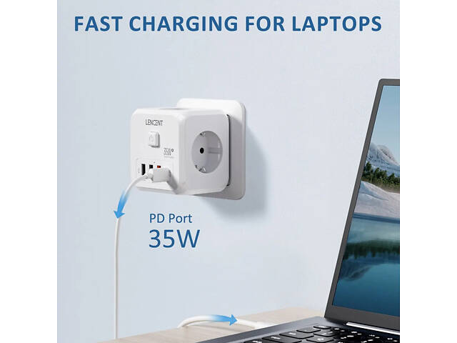 Безопасный тройник LENCENT на 3 розетки с быстрой зарядкой 35W, 4 USB, кнопка отключения - Фото 4