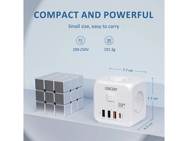 Безопасный тройник LENCENT на 3 розетки с быстрой зарядкой 35W, 4 USB, кнопка отключения - Фото 5