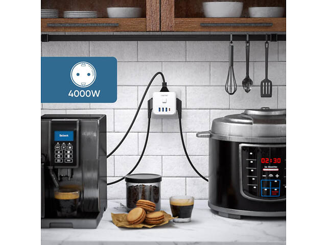 Безопасный тройник LENCENT на 3 розетки с быстрой зарядкой 35W, 4 USB, кнопка отключения - Фото 6