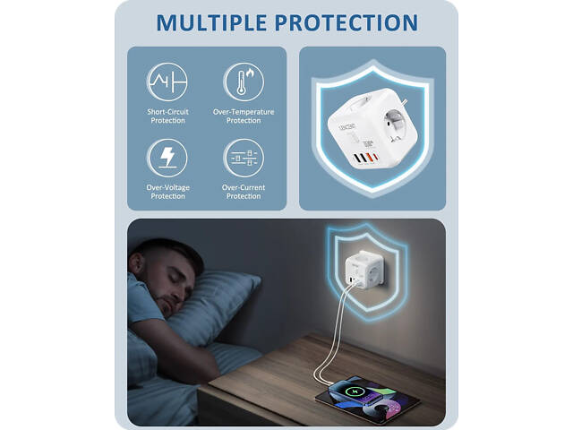 Безопасный тройник LENCENT на 3 розетки с быстрой зарядкой 35W, 4 USB, кнопка отключения - Фото 7