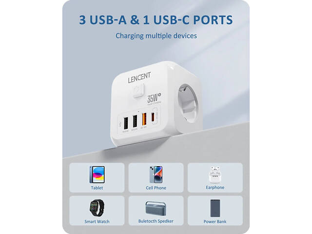 Безопасный тройник LENCENT на 3 розетки с быстрой зарядкой 35W, 4 USB, кнопка отключения - Фото 8