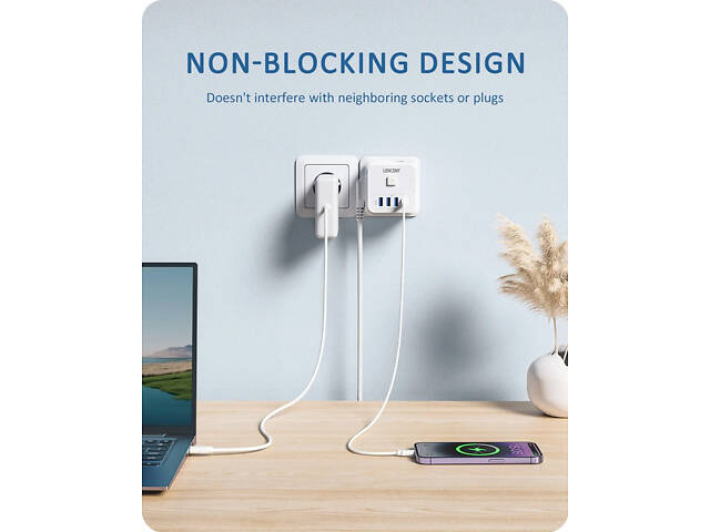 Безопасный тройник LENCENT с кнопкой отключения — сетевой адаптер на 3 розетки, 3 USB-A, 1 USB-C, защита от перегрузки - Фото 2