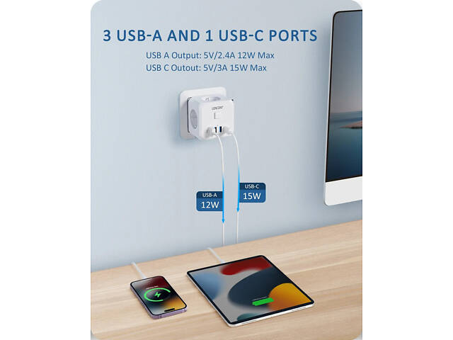 Безопасный тройник LENCENT с кнопкой отключения — сетевой адаптер на 3 розетки, 3 USB-A, 1 USB-C, защита от перегрузки - Фото 3