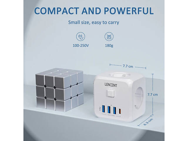 Безопасный тройник LENCENT с кнопкой отключения — сетевой адаптер на 3 розетки, 3 USB-A, 1 USB-C, защита от перегрузки - Фото 5