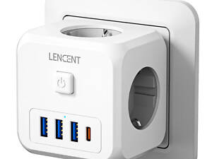 Безопасный тройник LENCENT с кнопкой отключения — сетевой адаптер на 3 розетки, 3 USB-A, 1 USB-C, защита от перегрузки