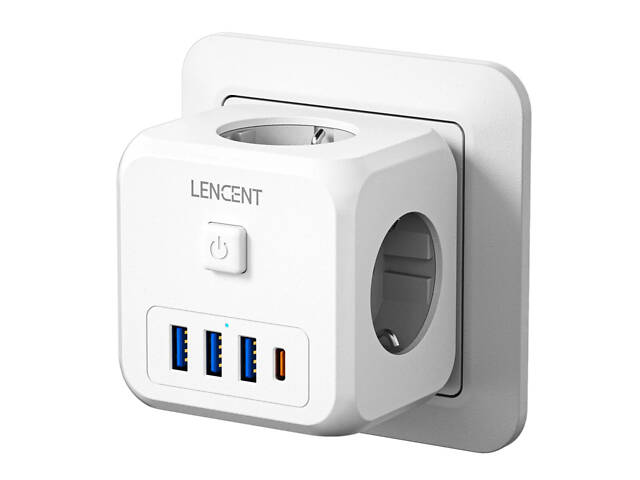 Безопасный тройник LENCENT с кнопкой отключения — сетевой адаптер на 3 розетки, 3 USB-A, 1 USB-C, защита от перегрузки - Фото 1