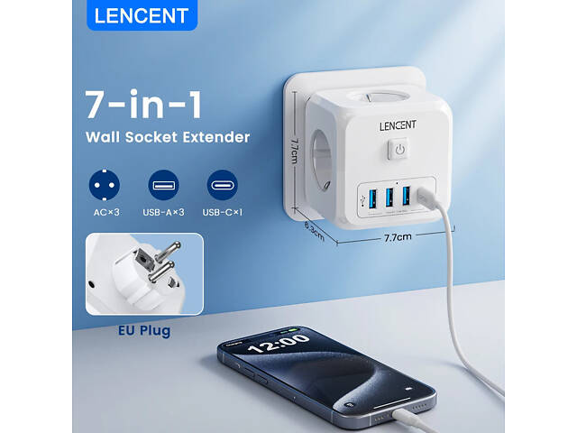 Безопасный тройник LENCENT с кнопкой отключения — сетевой адаптер на 3 розетки, 3 USB-A, 1 USB-C, защита от перегрузки - Фото 6