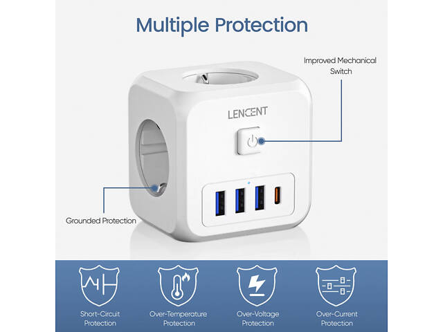 Безопасный тройник LENCENT с кнопкой отключения — сетевой адаптер на 3 розетки, 3 USB-A, 1 USB-C, защита от перегрузки - Фото 8