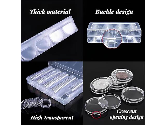 Бокс з прозорими капсулами для монет діаметром 30 мм, 100 штук — комплект захисних капсул для зберігання та колекціонування. - Фото 2