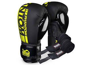 Боксерські рукавиці Phantom APEX Elastic Neon Black/Yellow 16 унцій (Бинти 4м. в подарунок)