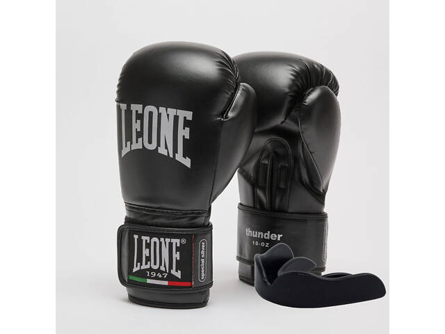 Боксерские перчатки Leone GN383 THUNDER Black 16 унций (капа в комплекте) - Фото 1
