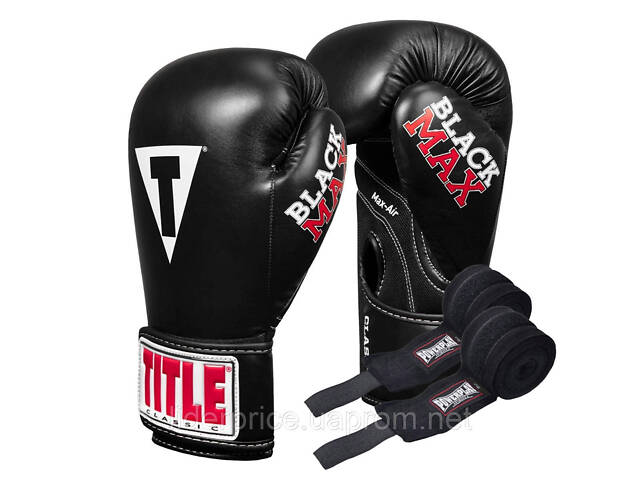 Боксерские перчатки TITLE Classic Black Max Black 14 oz (бинты 4м. в комплекте), Оригинал! - Фото 1