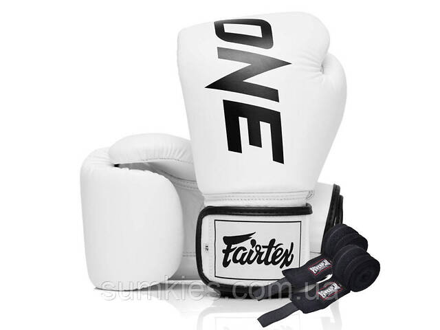 Боксерські рукавиці Fairtex BGV1-ONE (натуральна шкіра) White 10 унцій (бинти в комплекті) - Фото 1